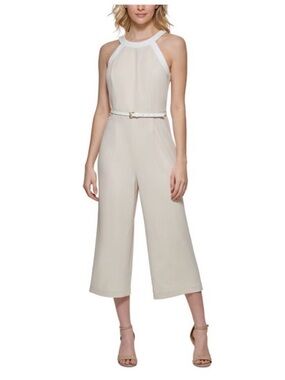 Tommy Hilfiger Cream Halter Cropped Wide-Leg Jumpsuit with White Trim